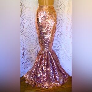 Custom made high waisted mermaid skirt, bedazzled in pink and gold sequins.